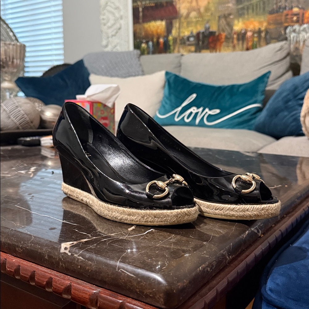 Gucci Black Patent Leather Espadrille Wedges - Picture 4 of 6